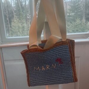 Marni Blue Crochet Mini Tote with Tan Trim and Cream Straps